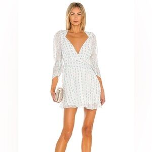 For Love & Lemons white and blue polka dot dress with open back